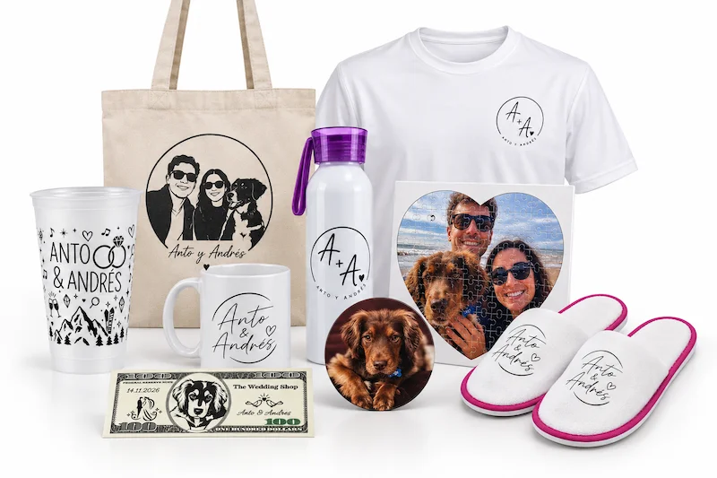 Colección completa de regalos personalizados para un matrimonio