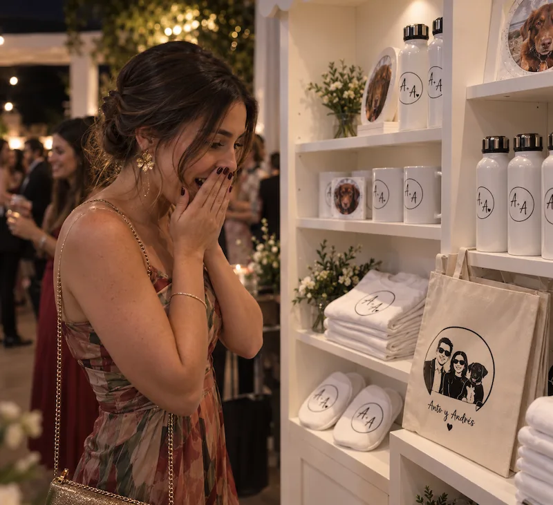 Invitada sorprendida al descubrir los regalos de The Wedding Shop